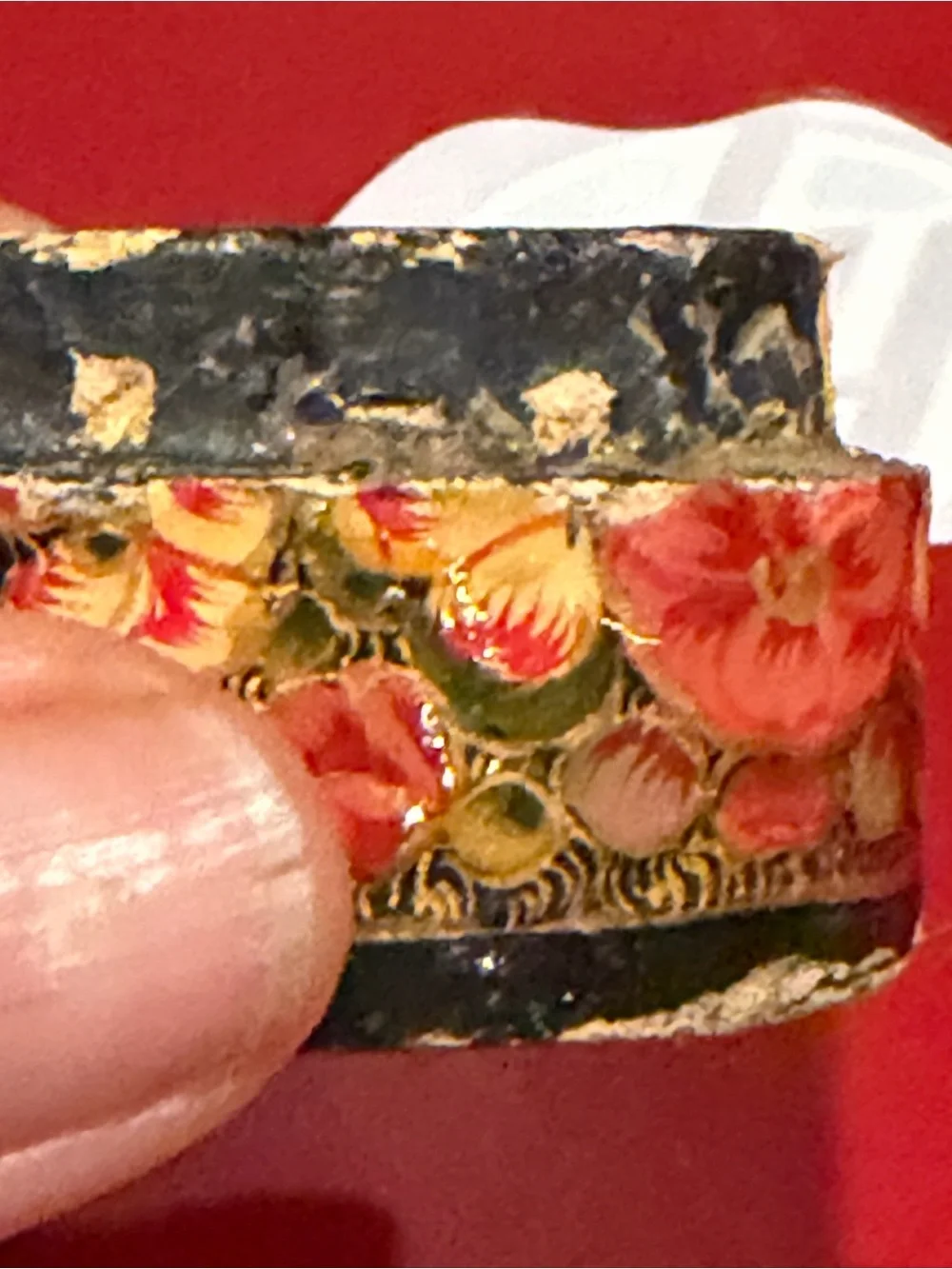 Hand-Painted Floral Round Trinket Box - Red and Gold Floral Design from India.